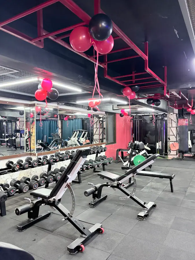 The dumbbell rack running along the mirrored wall with adjustable benches