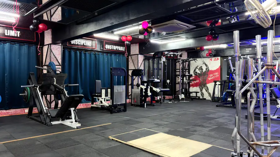 A wide view of the strength floor with racks, benches and a turf lane