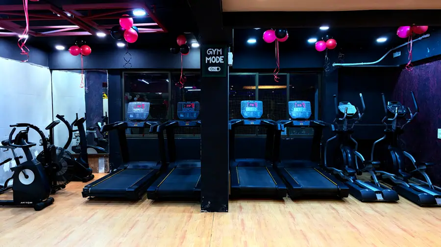 A row of screen-fitted treadmills on the wooden cardio deck